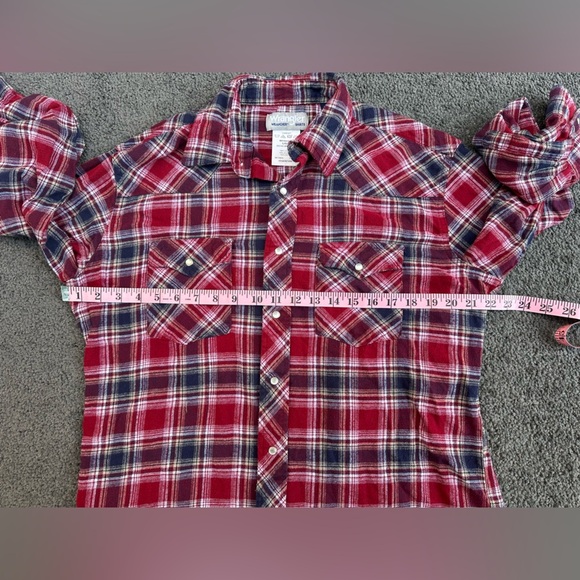100% Cotton Pearl Snap Retro Wrangler Wrancher Red & Blue Plaid Shirt Size L - Picture 5 of 7